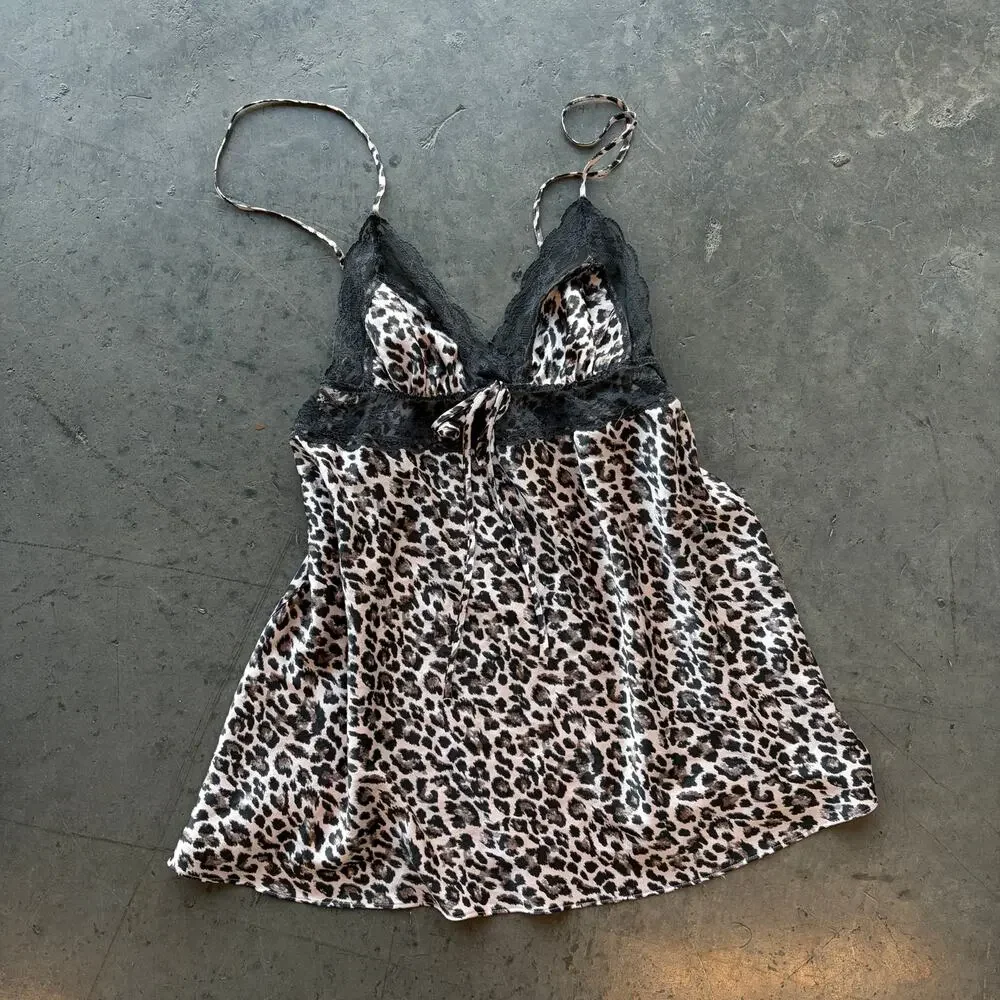 Vintage Y2k Victoria's Secret Leopard Lace Gray Cami Babydoll Tank Top Dress L - Picture 1 of 5